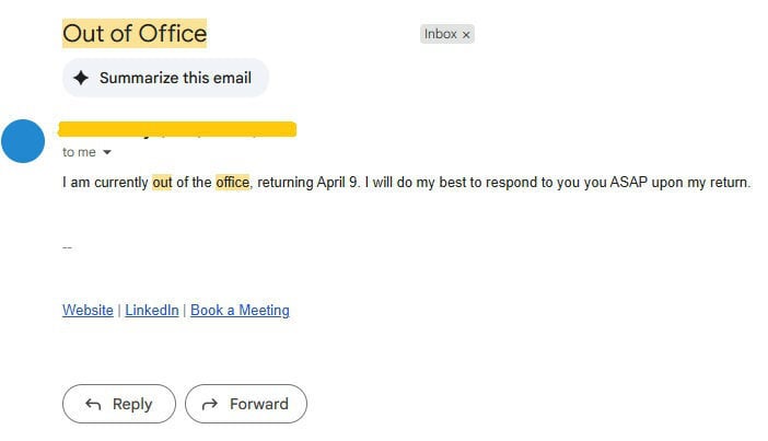 Out of office email