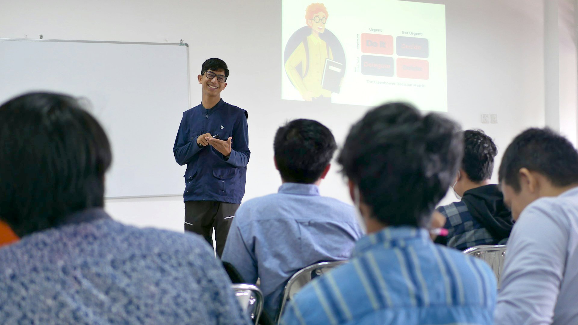 Person presenting with video slides